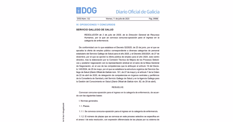 Convocatoria proceso selectivo para cubrir 1980 plazas de Enfermero/a del Servicio Gallego de Salud