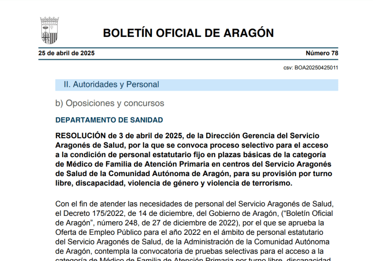 Convocatoria 2025: 200 plazas de Médico de Familia en Aragón