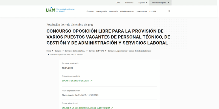 Convocadas 17 plazas en la Universidad Autónoma de Madrid para Personal Técnico, Gestión y Servicios