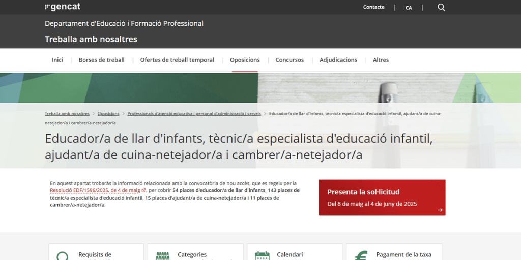 Convocatoria para cubrir 223 plazas en el Departamento de Educación de la Generalitat de Catalunya (Educación infantil, cocina y limpieza)